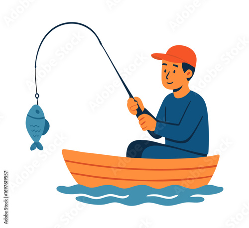 Cartoon illustration of a young man enjoying his hobby of fishing from a small boat