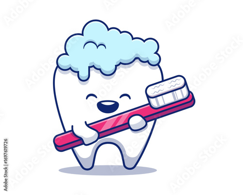 Happy cartoon tooth character holding a toothbrush with toothpaste foam, a cute and cheerful concept for pediatric dental care and oral hygiene
