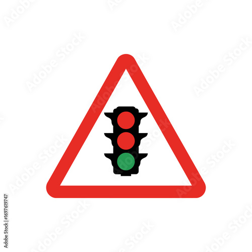 Triangular warning sign with a traffic light showing red and green lights, indicating a traffic light ahead.