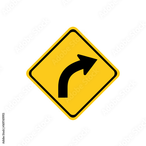 Yellow diamond road sign with a black arrow indicating a curve to the right, isolated on a white background.