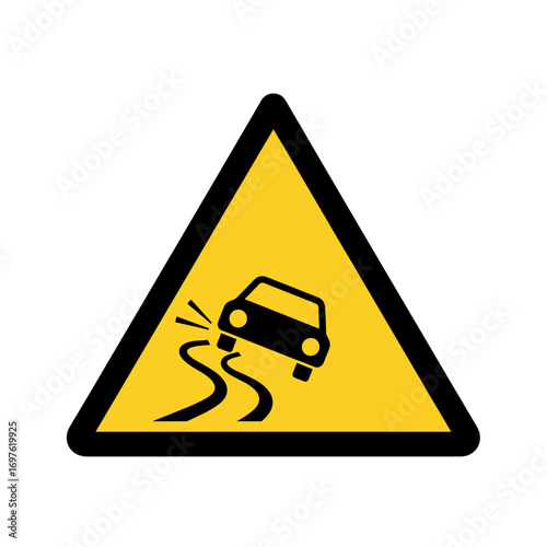 Warning sign depicting a car sliding on a slippery road, indicating potential danger of skidding.