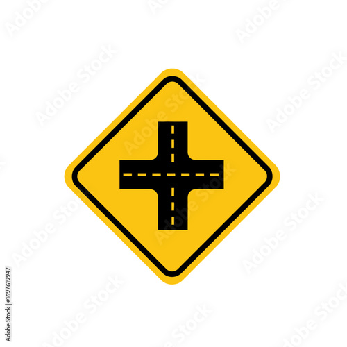 A yellow diamond-shaped traffic sign warning of an upcoming intersection with four roads.