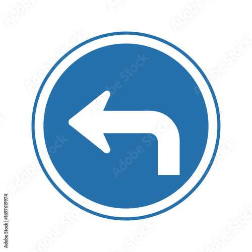 Blue and white mandatory left turn road sign.