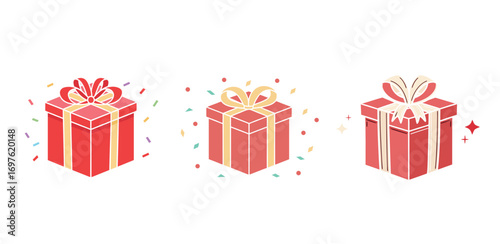 Three red wrapped gift boxes with bows and sparkles for special occasions