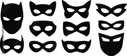 Assortment of Black Silhouette Superhero and Villain Masks on White Background costume disguise