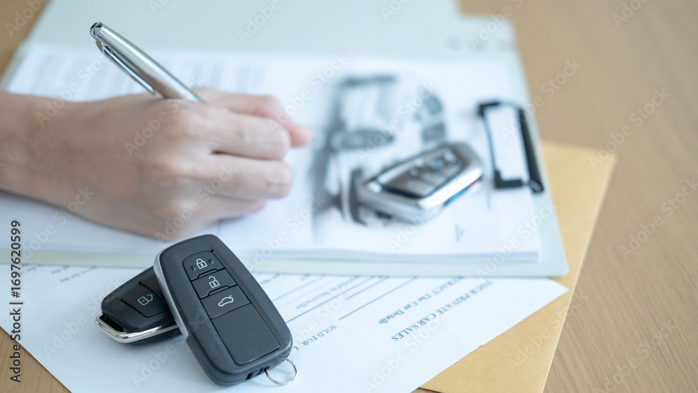 Fototapeta premium Hand signing car sales paperwork with keys on the table symbolizing agreement contract and transfer of vehicle ownership