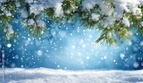Snowy pine branches against a blue winter background