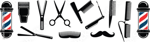 Barber shop tools and equipment in black and white line art and silhouette styles Keywords: barber, shop, tools, equipment