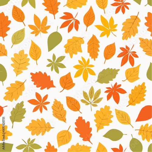 Vector seamless pattern with scattered autumn leaves, minimal flat style