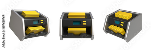 A set of three types of bill counters. The machine counts money automatically. Accounting, calculations, and statistical data. Three-dimensional cartoon-style illustration