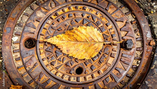 A rusty metal manhole cover with a fallen autumn leaf