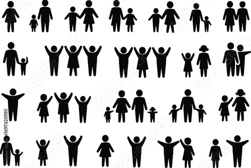 Collection of black family icons with children and adults in various poses people silhouette