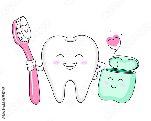 Adorable smiling tooth cartoon holding a toothbrush and floss, illustrating the importance of dental care and oral hygiene