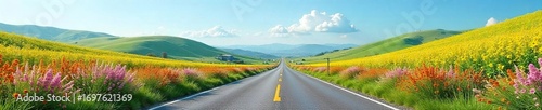 Vibrant Wildflowers Bloom Along Scenic Rolling Hills Road, Sunny Day Landscape