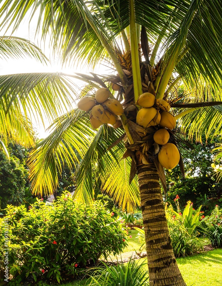 Fototapeta premium Lush palm tree with coconuts under a bright sun