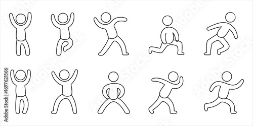Collection of simple black line art human figures in various active poses Keywords: stick figure, human, person, figure, icon