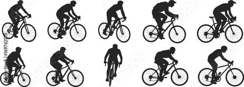 Collection of Ten Black Silhouettes of Cyclists in Various Poses on White Background cycling bicycle