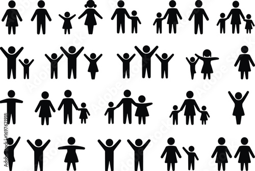 Diverse family silhouettes in various poses and groupings on white background people icon
