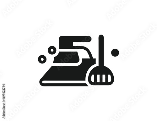 Household cleaning tools icon iron and broom for laundry and housekeeping services