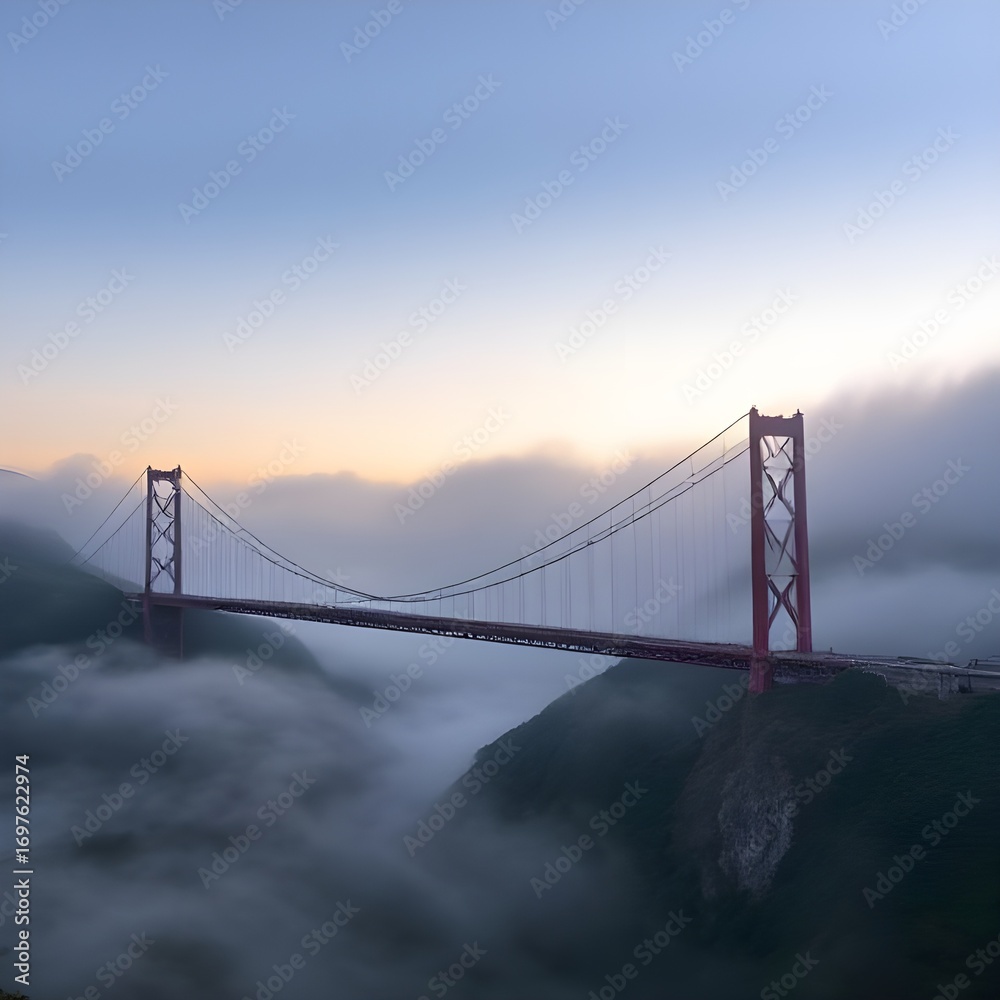 Fototapeta premium Bridge of red steel stretching across foggy valley at dawn.