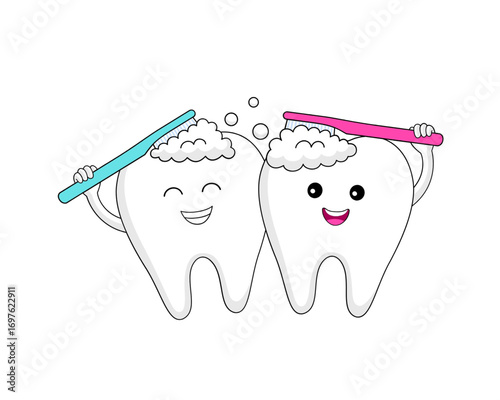 A cute pair of cartoon teeth characters brushing with toothbrushes and toothpaste foam for good oral hygiene