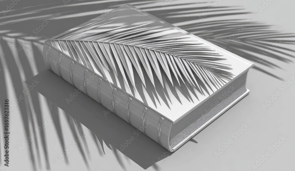Naklejka premium A grayscale book with a palm frond shadow