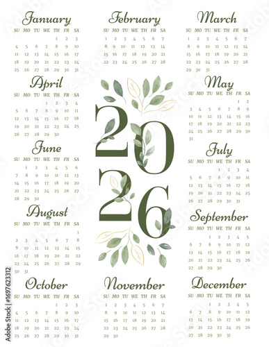 2026 year calendar vertical page template. Week Start on Sunday. Diary monthly planner of elegant watercolor foliage design 