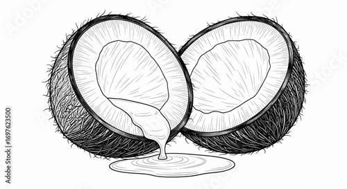 A Detailed Illustration of Two Halved Coconuts with Fresh Liquid Flowing Out Representing Purity
