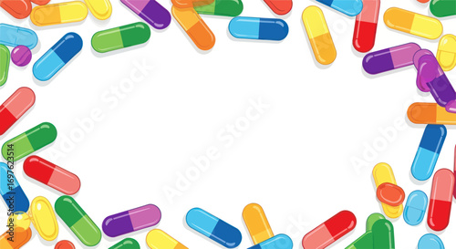 A playful vibrant display of assorted medicine capsules framing a pristine white space ready for