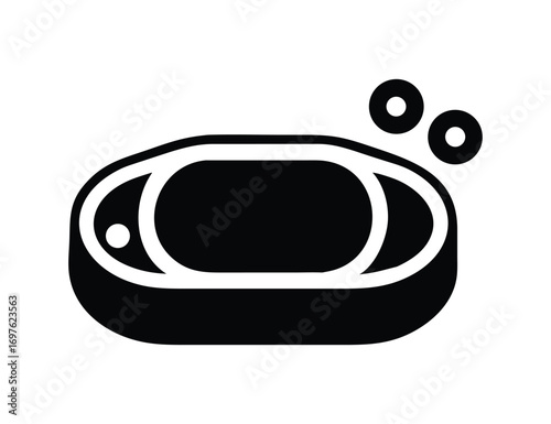Simple black and white icon of a bar of soap with bubbles symbolizing cleanliness