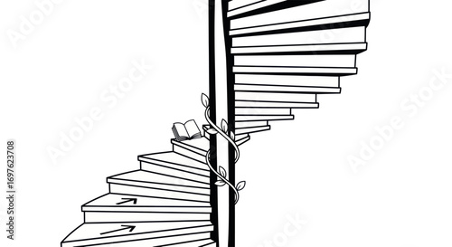An elegant spiral staircase illustration adorned with a vine and featuring an open book,