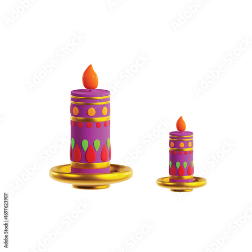 A beautiful 3D rendering of two decorative purple candles with colorful traditional patterns for festive celebrations, isolated on a white background