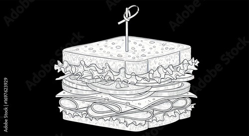 Artistic line drawing of a delicious stacked sandwich against a black background
