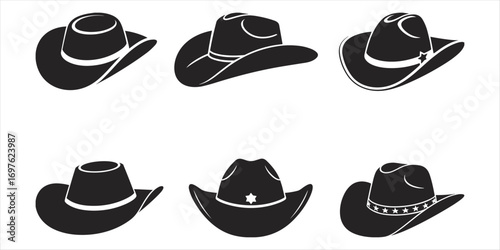 Set of Six Black Silhouette Cowboy Hats with Different Styles and Details western