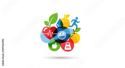 Balanced healthy lifestyle integration depicting colorful vital elements for well being concept