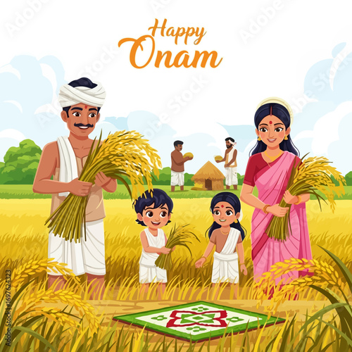 Happy Onam Celebration: Family Harvesting Rice in Paddy Field
