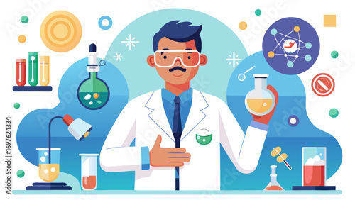 Scientist in a lab coat conducting experiments with colorful liquids