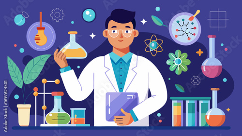 Scientist in lab coat surrounded by scientific equipment and symbols