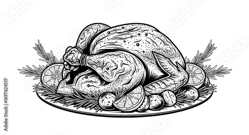 Detailed black and white line drawing of a roasted turkey garnished with citrus and herbs