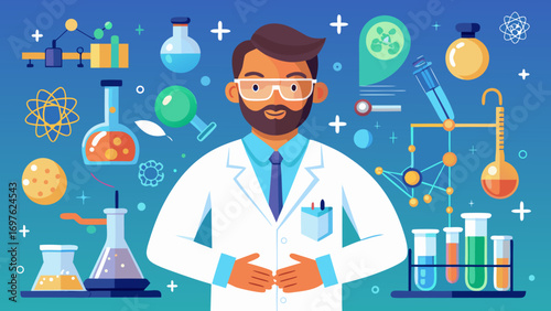 Scientist in lab coat surrounded by scientific equipment and molecules