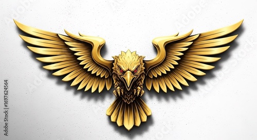 Majestic Golden Eagle Emblem with Spread Wings on White Wall. 3D Metallic Falcon Logo with Red Eyes, Symbol of Power, Luxury, and Success.