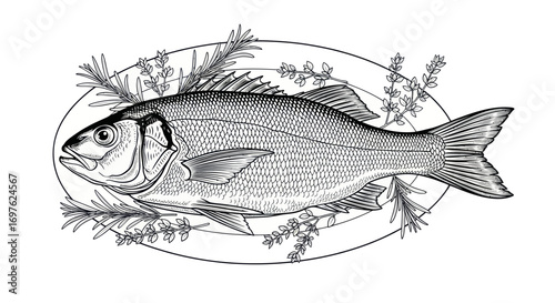 Detailed illustration of a sea bass fish adorned with herbs on a plate creating a culinary
