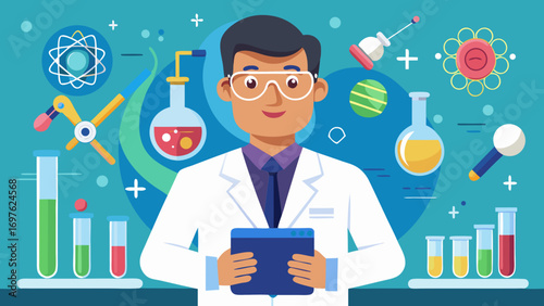 Scientist in lab coat holding tablet surrounded by science equipment