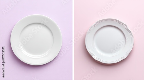 Two empty white plates, one on a light purple, the other on a light pink background