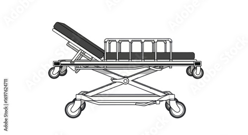 Detailed line drawing of a medical stretcher showcasing adjustable features and design