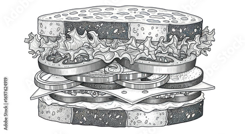 Detailed monochrome sandwich illustration showcasing meticulous linework and varied food components