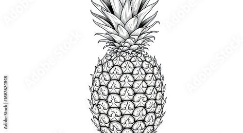 Detailed monochrome sketch of a pineapple showcasing its intricate spiky texture and crown design
