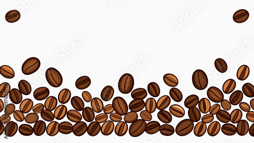 Scattered coffee beans border on white background
