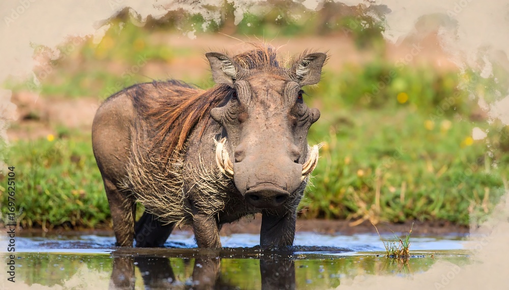 Obraz premium A warthog wading in a shallow pond