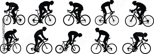 Ten Silhouettes of Cyclists in Various Poses on White Background Keywords: cycling, cyclist, bicycle, sport, athlete, racing